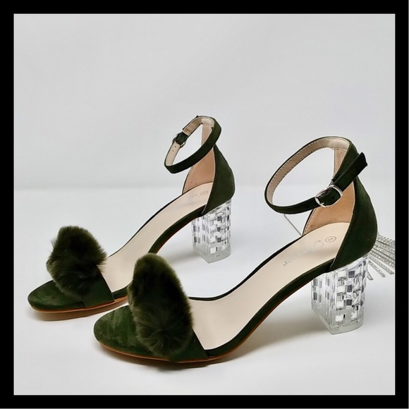 Olive Fur Clear Chunky Heels Suede - Picture 2 of 7